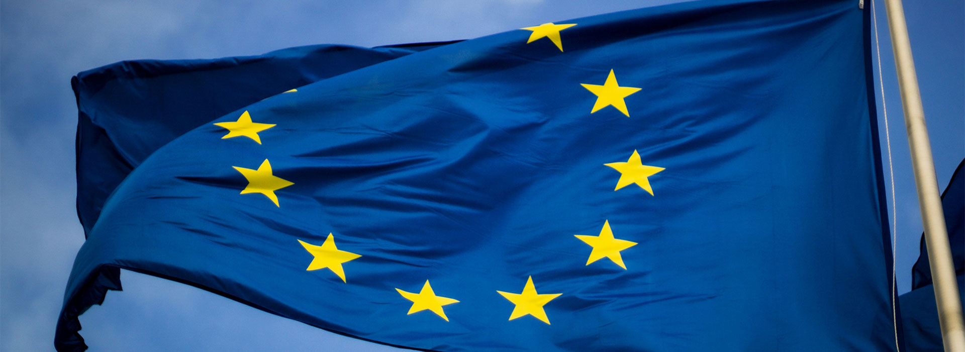European Union flag waving in the wind against a blue sky.